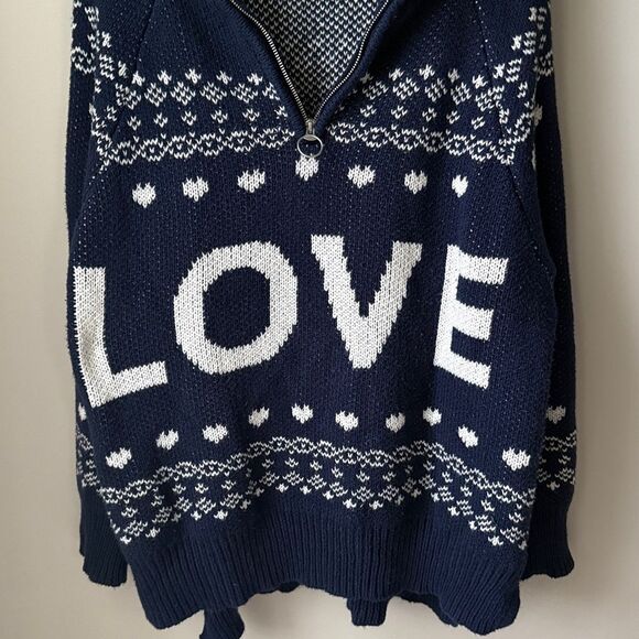 Aerie Festive Feels Quarter Zip Sweater Blue LOVE Cozy Cabin Isle Knit Pullover - Picture 6 of 9